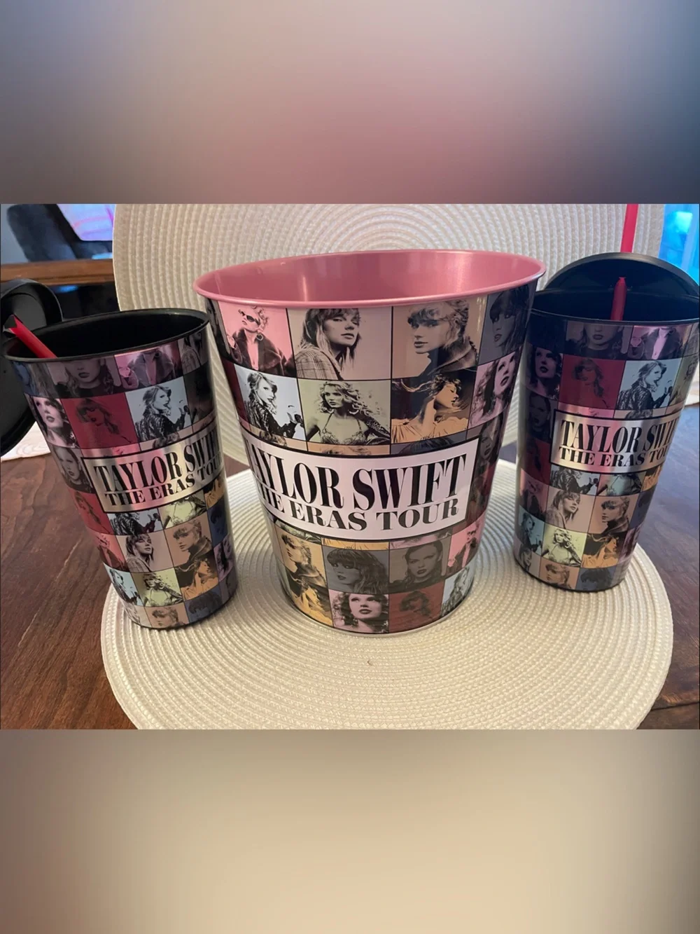Taylor Swift Pink and Black Eras Tour Popcorn Bucket and Cups Set